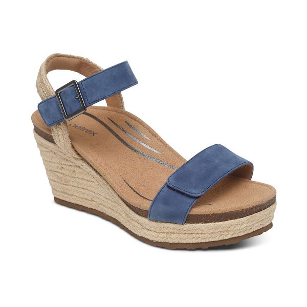 Aetrex Women's Sydney Quarter Strap Espadrille Wedge Sandals Blue Sandals UK 6753-807